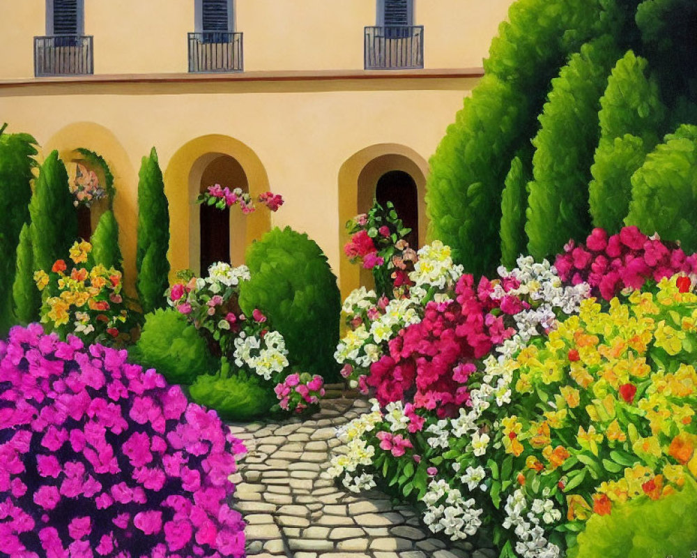 Vibrant painting of a house with arched doorways and lush gardens