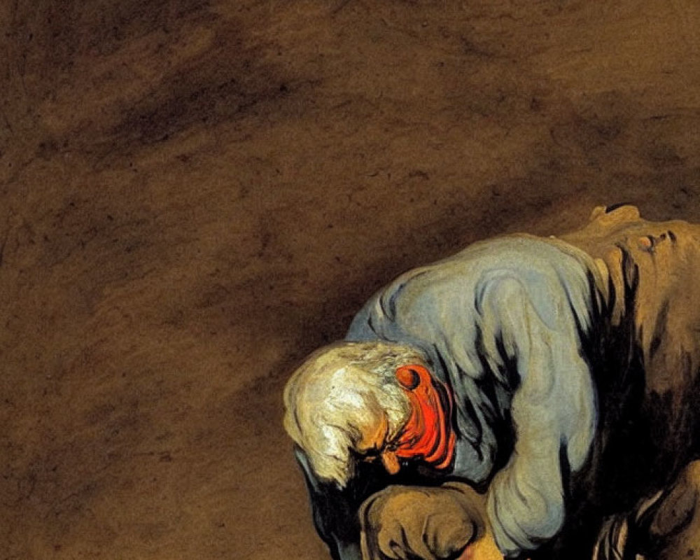 Elderly figure bent in sorrow against dark background