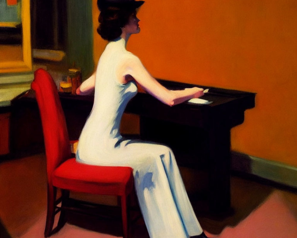 Woman in White Dress and Black Hat Sitting Sideways at Piano with Vibrant Orange Wall