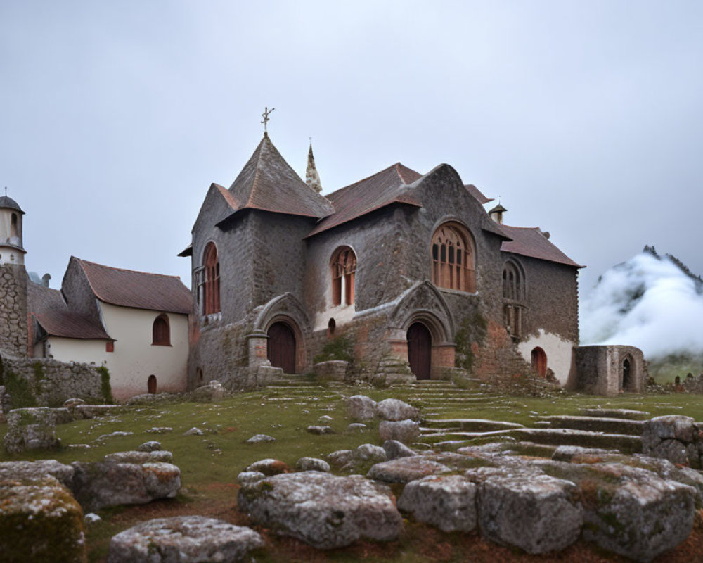 Stone church with spire and arched windows on grassy hill, cobblestone ground, low