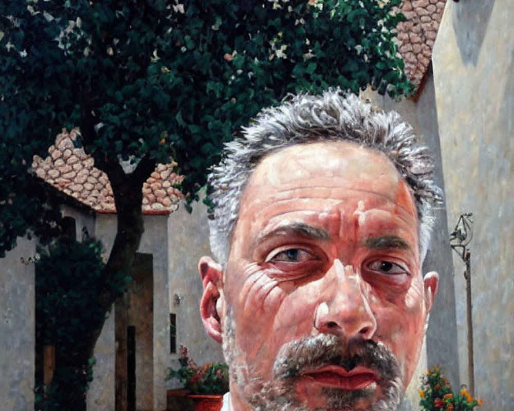 Realistic painting of middle-aged man with graying beard in Italian courtyard.