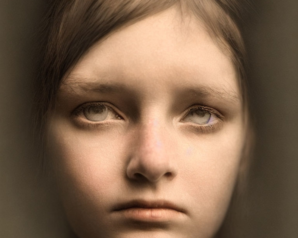 Child's close-up portrait with solemn expression and large eyes on neutral backdrop