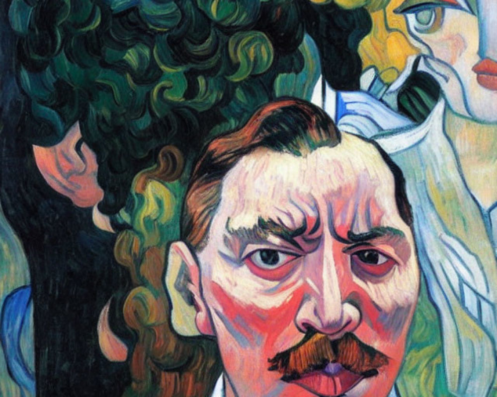 Colorful Cubist-Inspired Portrait with Mustached Man and Abstract Figures