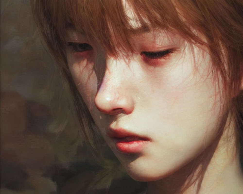 Close-up Digital Painting of Young Person with Light Brown Fringed Hair and Contemplative Expression