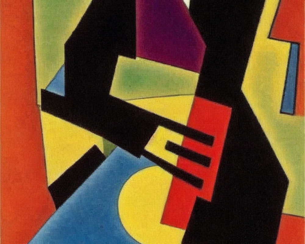 Cubist-style Abstract Painting with Seated Figure and Guitar