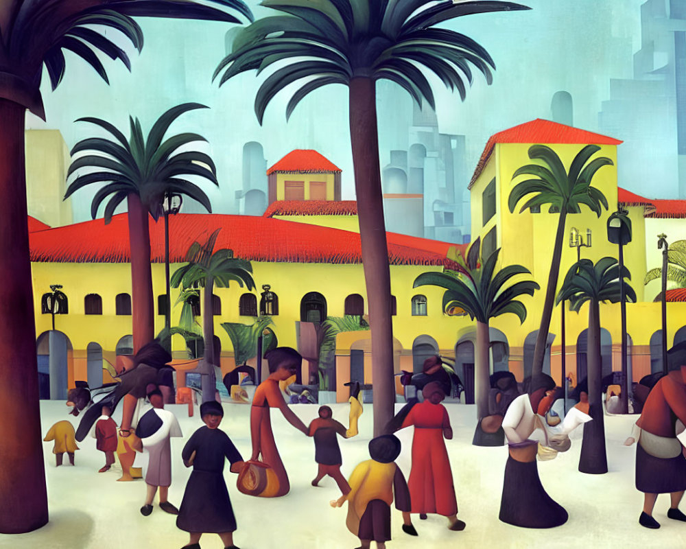 Illustration of bustling town square with stylized people in period clothing, palm trees, warm-toned