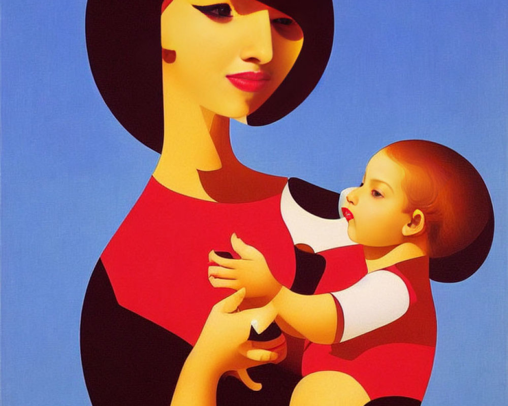 Stylized illustration of woman with baby in matching outfits on blue background