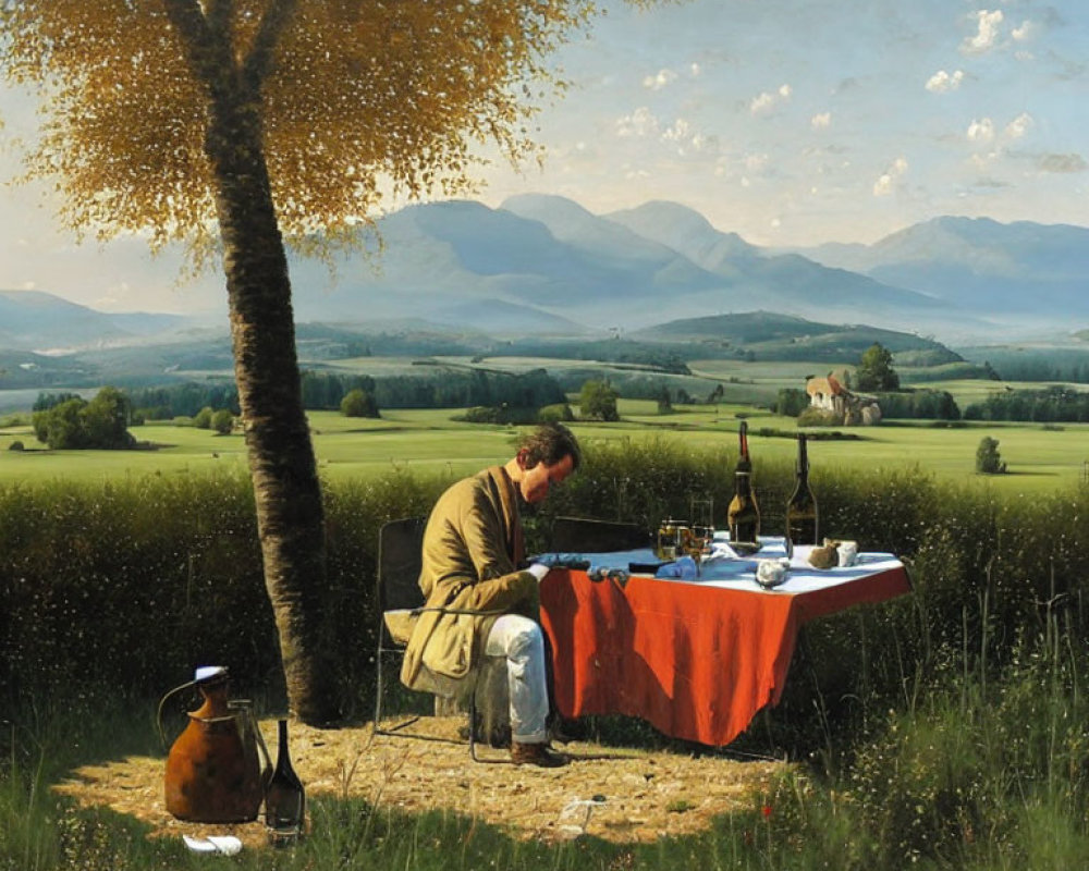 Person reading at table in pastoral landscape with wine and jug