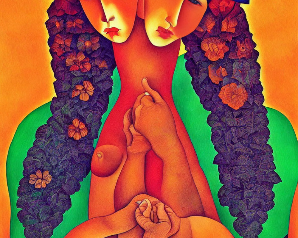 Colorful Painting of Two Stylized Figures with Elongated Faces and Floral Hair