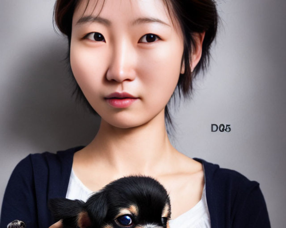 Short-haired woman holding black and tan puppy on grey background