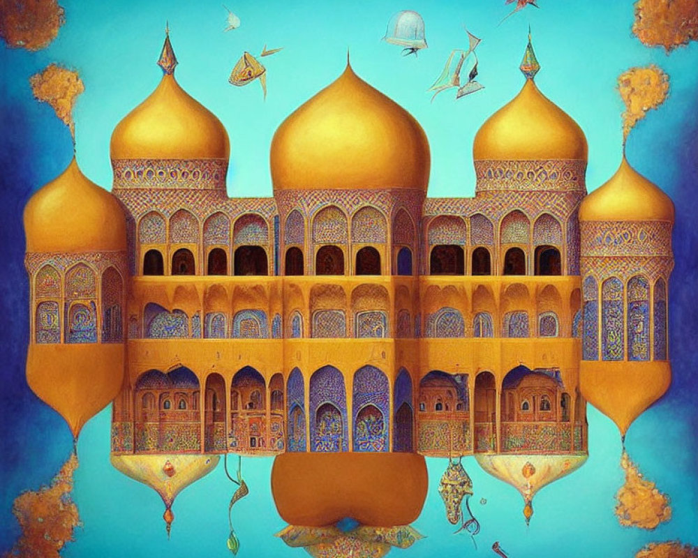 Surreal floating palace with golden domes and whimsical creatures