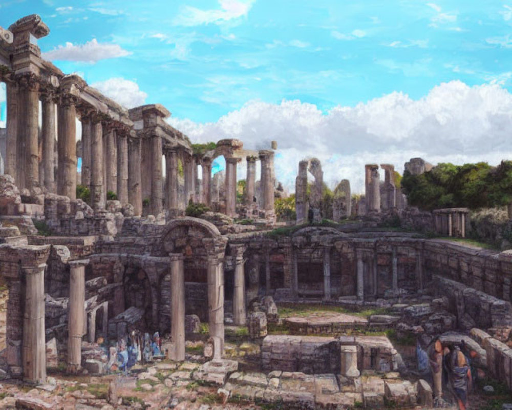 Ancient ruins with towering columns and stone structures under clear blue sky