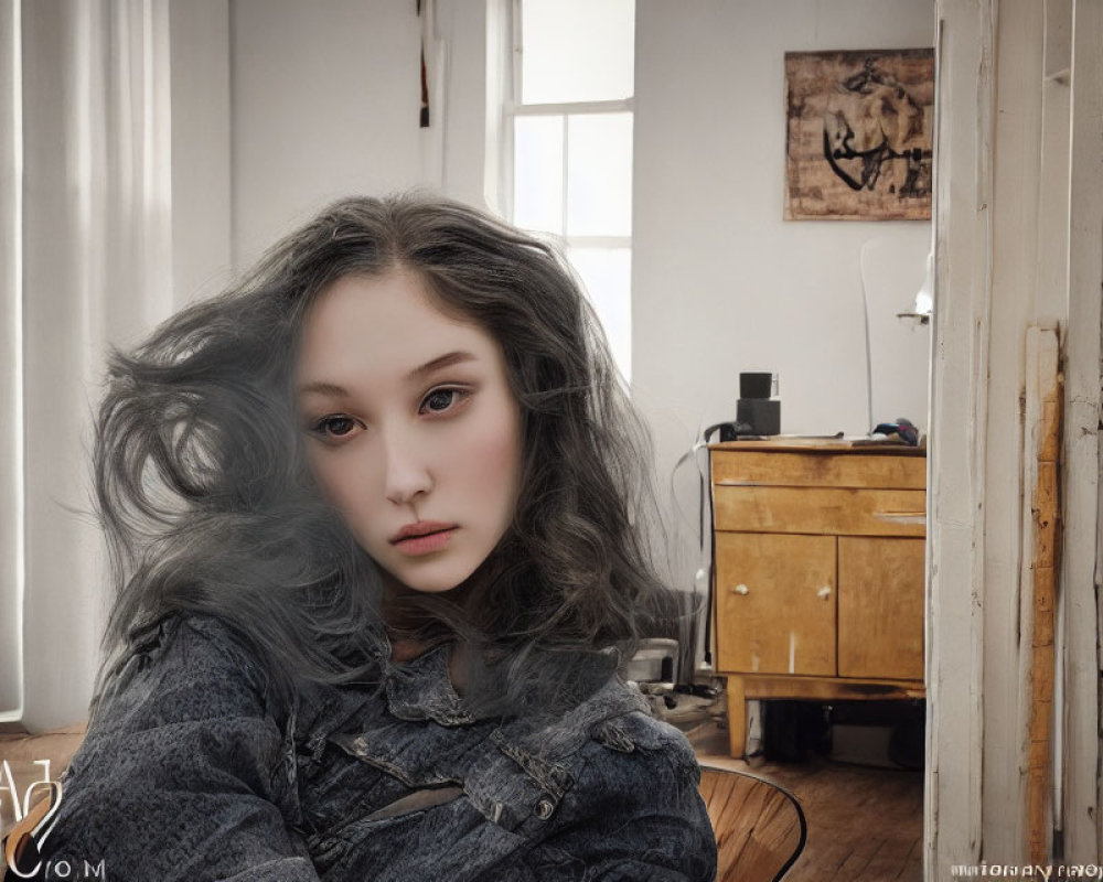 Young woman in denim jacket sitting in room with white walls and artwork