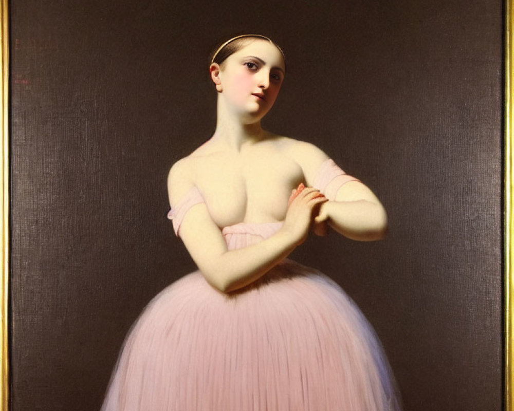 Classical portrait of woman in pink ballet costume with hair up, gazing sideways on dark background