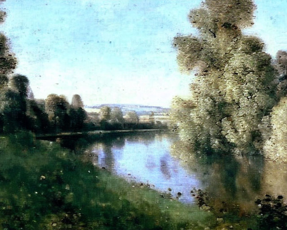 Tranquil landscape with calm river, lush trees, reflections, and distant buildings