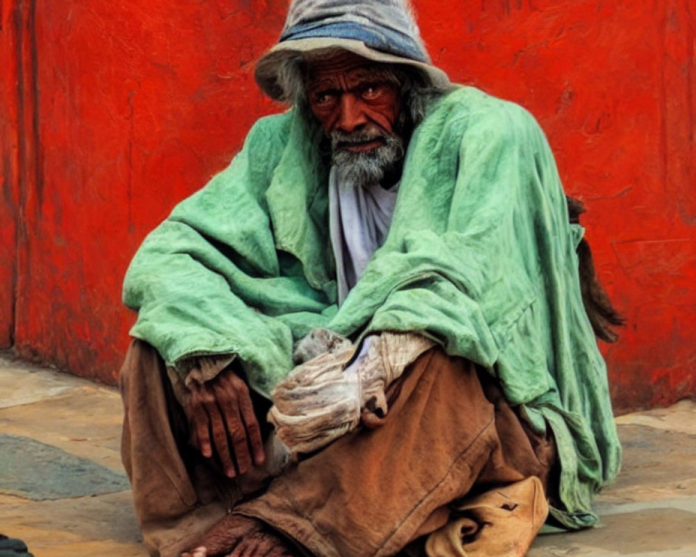 Elderly man in layered clothing and hat sitting against red wall