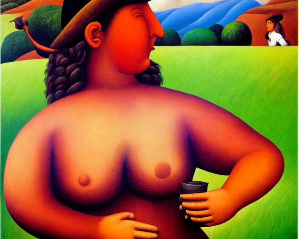 Exaggerated features woman holding cup in vibrant landscape