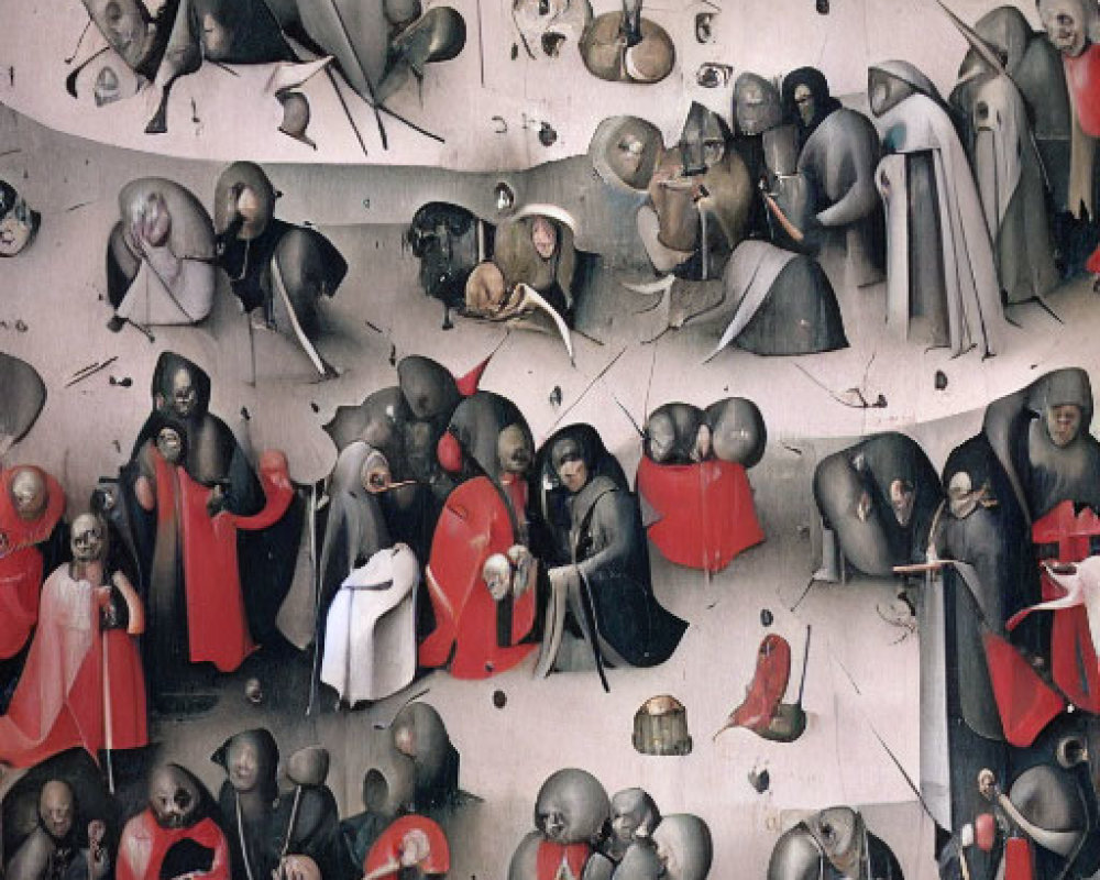 Surreal painting of robed figures in black and red in bizarre landscape