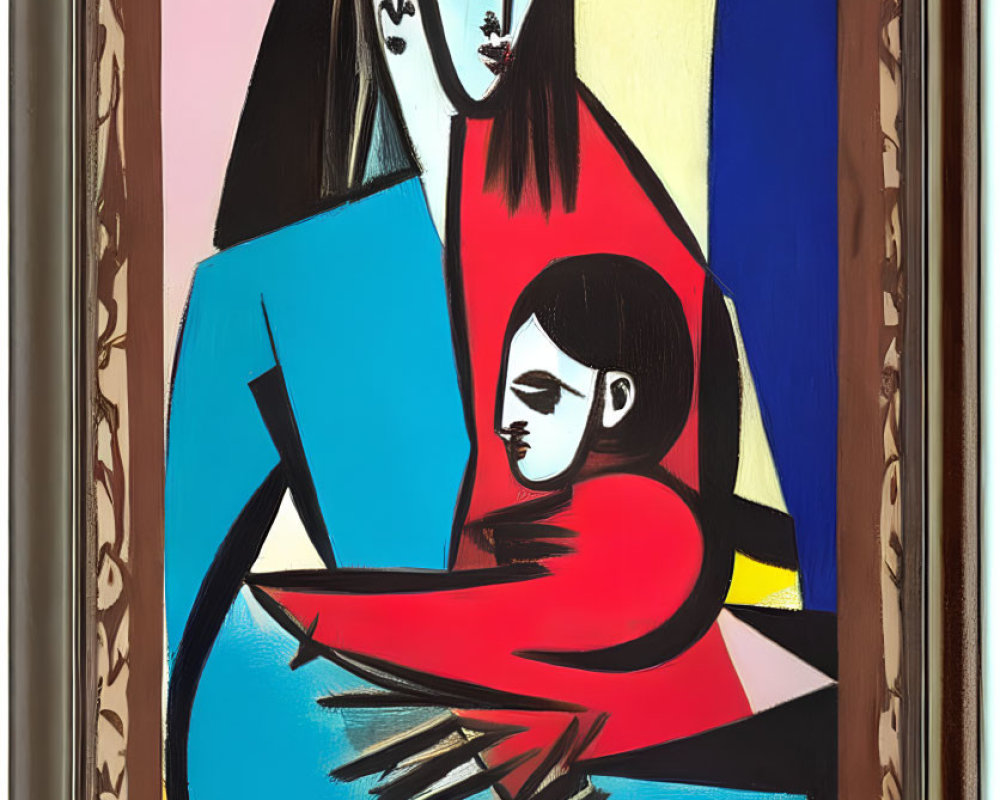 Picasso-style painting of woman and child in blue with bold lines