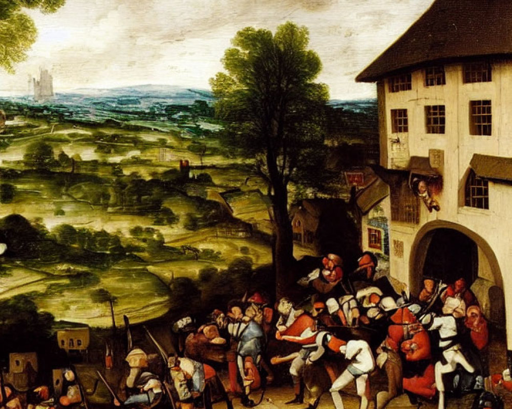 Renaissance-Era Painting of People in Colorful Attire Outdoors