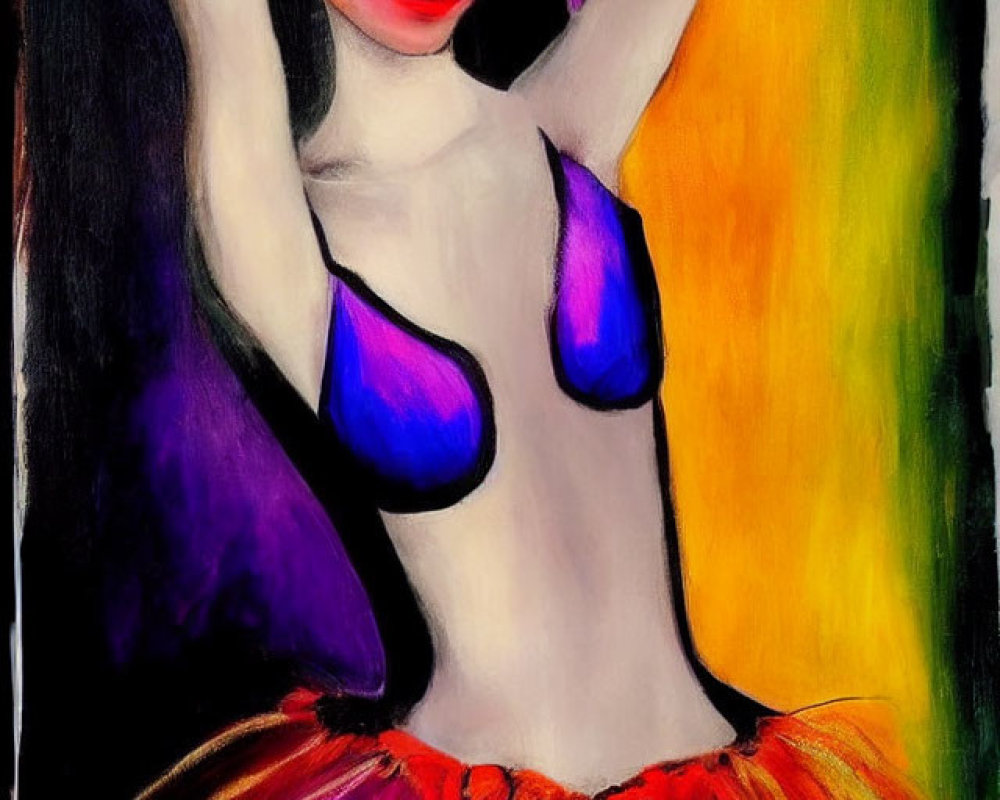 Colorful painting of stylized woman in blue top against abstract backdrop