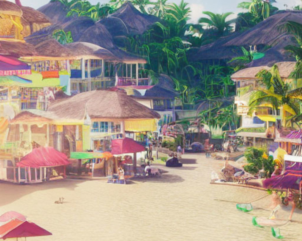 Colorful Beach Boardwalk with Thatched Roofs and Palm Trees