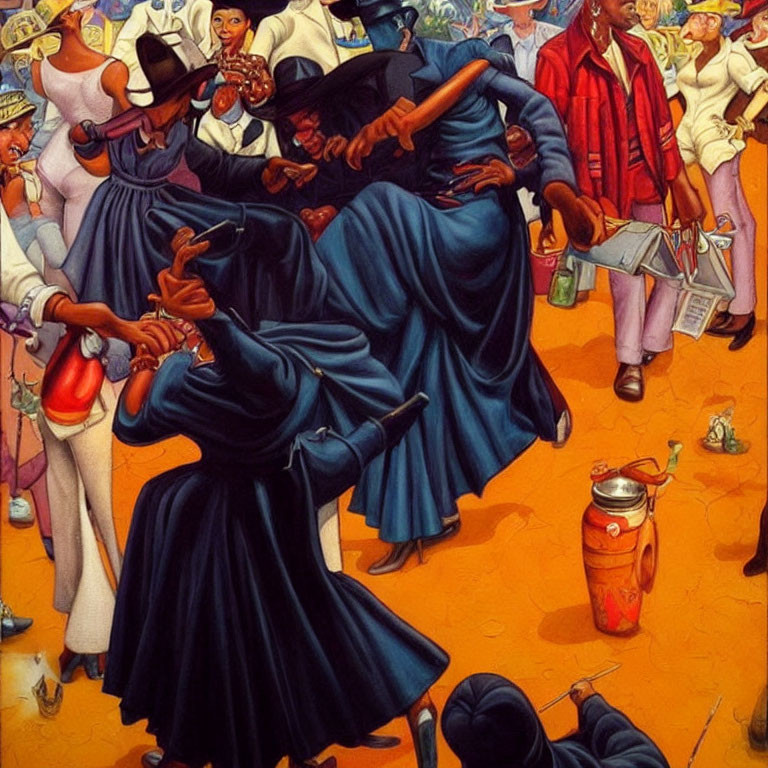 Colorful painting of people dancing to jazz band in elegant attire.