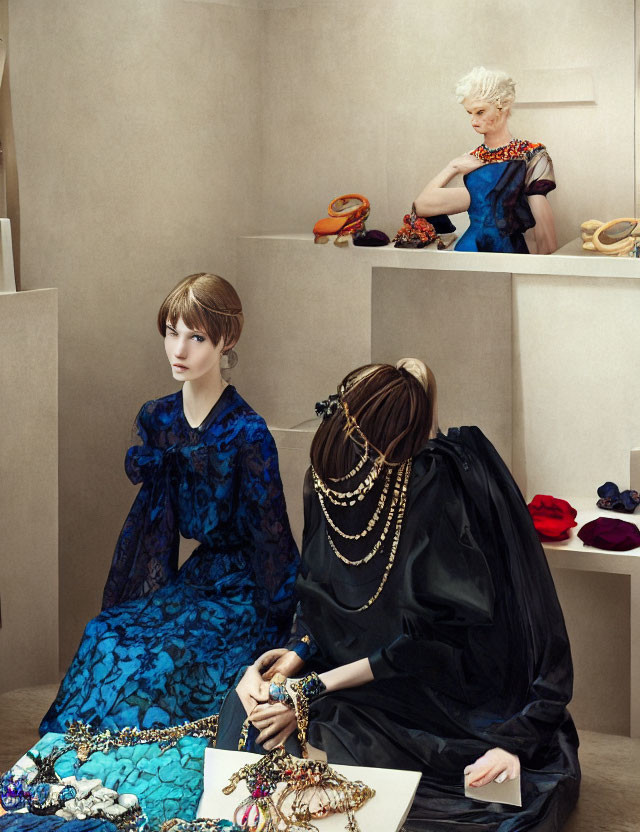 Three elegantly dressed women surrounded by colorful fashion accessories in a room with beige walls.