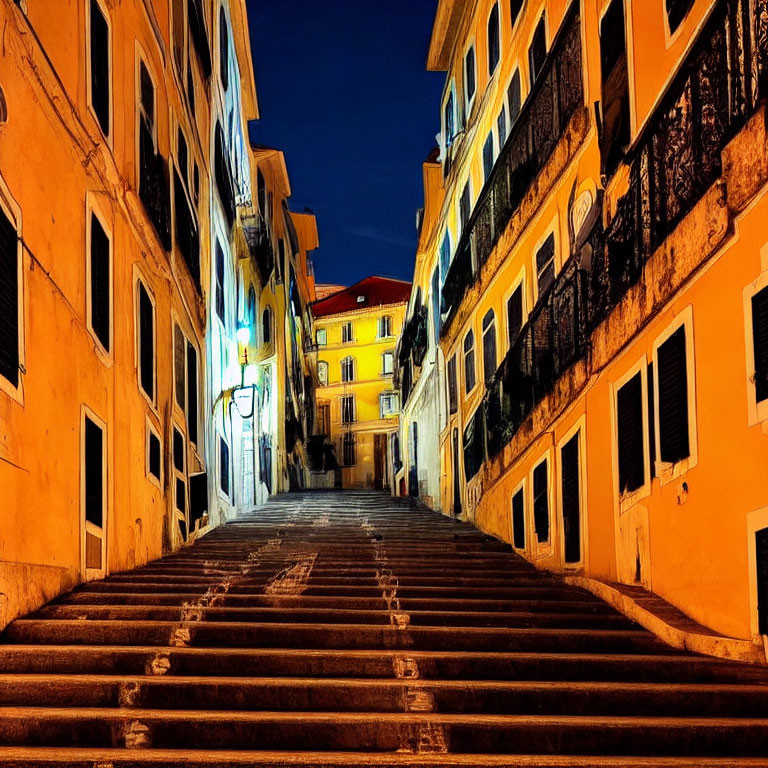 Stone Stairway Between Yellow Buildings at Night