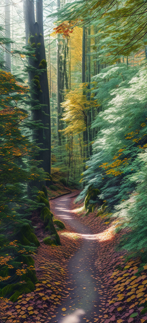 Scenic forest path with fallen leaves under dappled sunlight