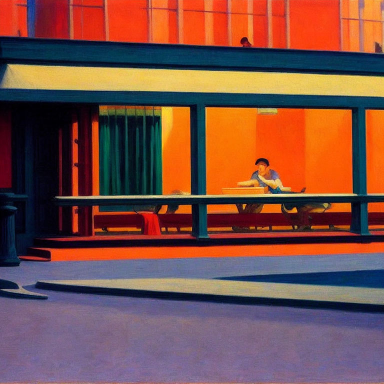 Colorful painting of person at cafe table by large windows in orange and blue hues