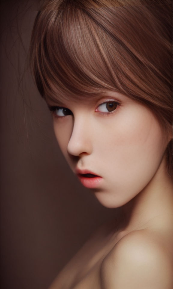 Close-up portrait of person with fair skin, dark eyes, and light brown hair