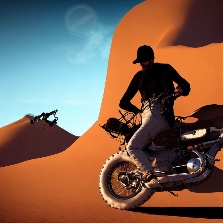 Person riding vintage motorcycle on sand dunes under clear sky with planetary ring.