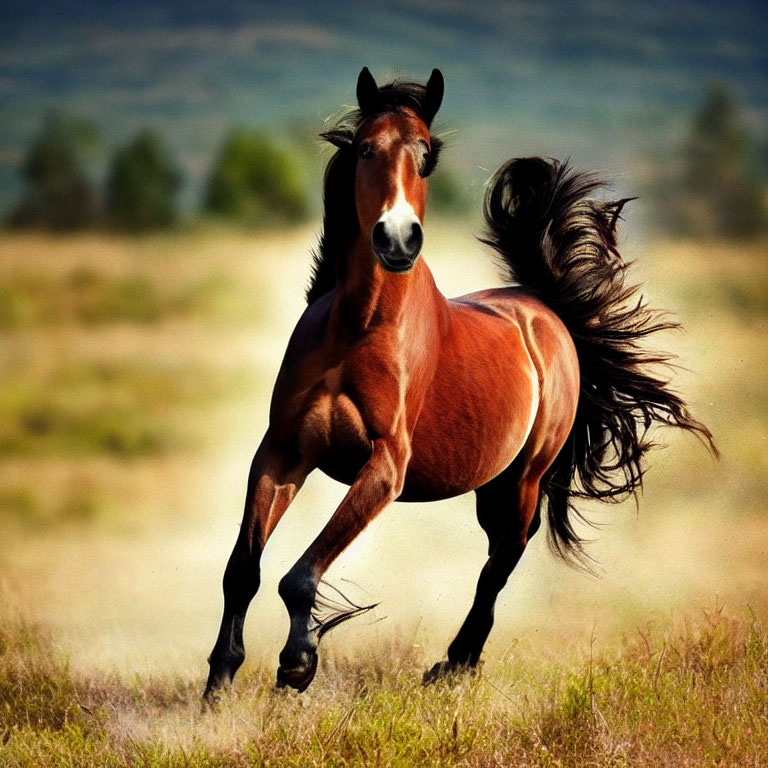 Majestic brown horse galloping in grassy field