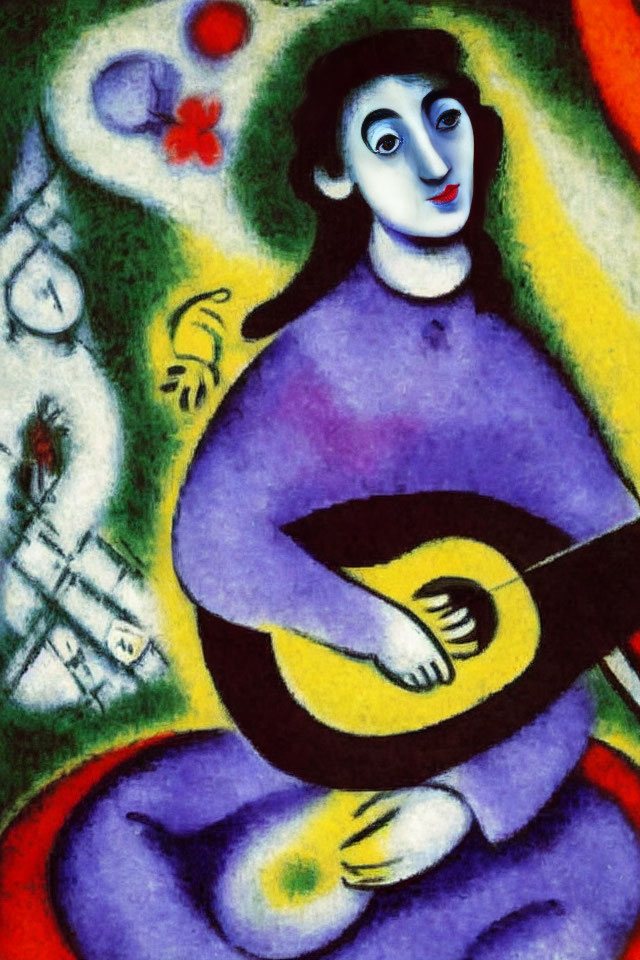 Colorful Abstract Painting of Person with Blue Face Playing Yellow Guitar