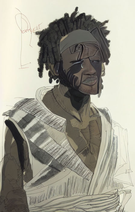 Portrait of a person with dark dreadlocks and facial markings wearing a striped shoulder garment.