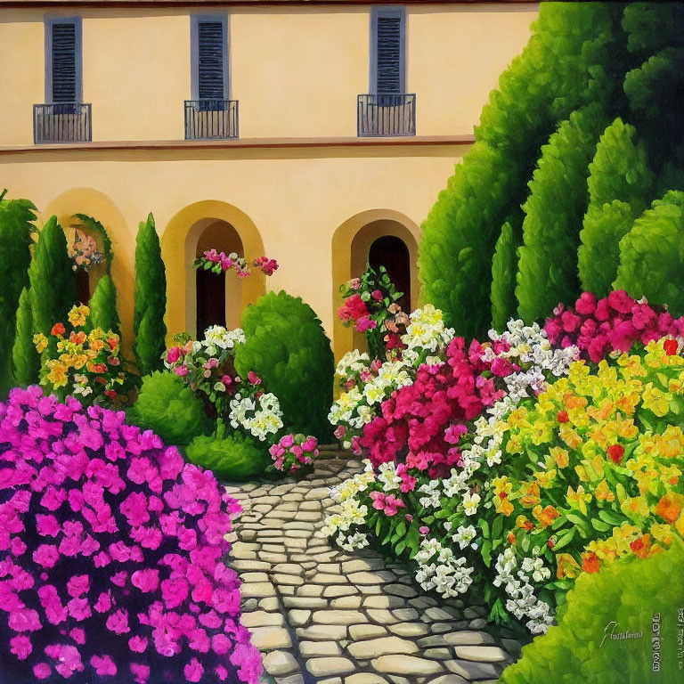 Vibrant painting of a house with arched doorways and lush gardens