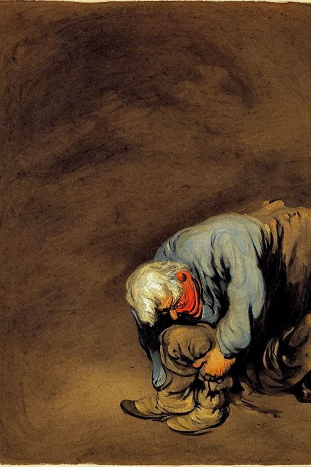 Elderly figure bent in sorrow against dark background