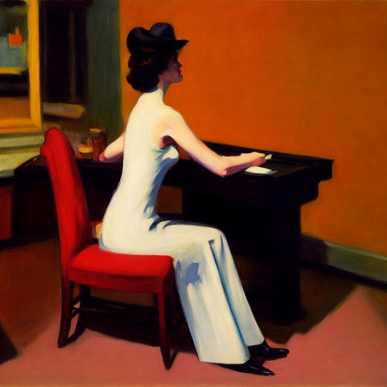 Woman in White Dress and Black Hat Sitting Sideways at Piano with Vibrant Orange Wall