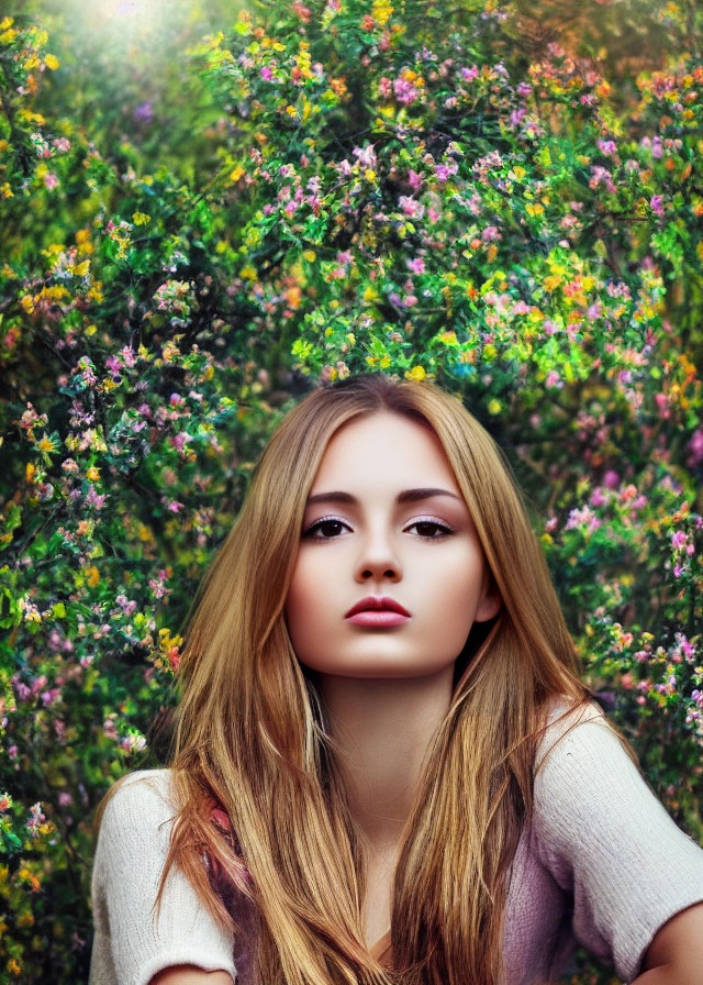 Woman with flowing hair in vibrant floral setting