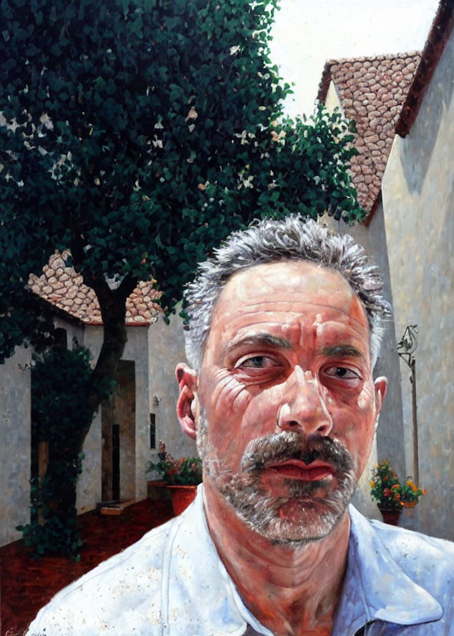 Realistic painting of middle-aged man with graying beard in Italian courtyard.