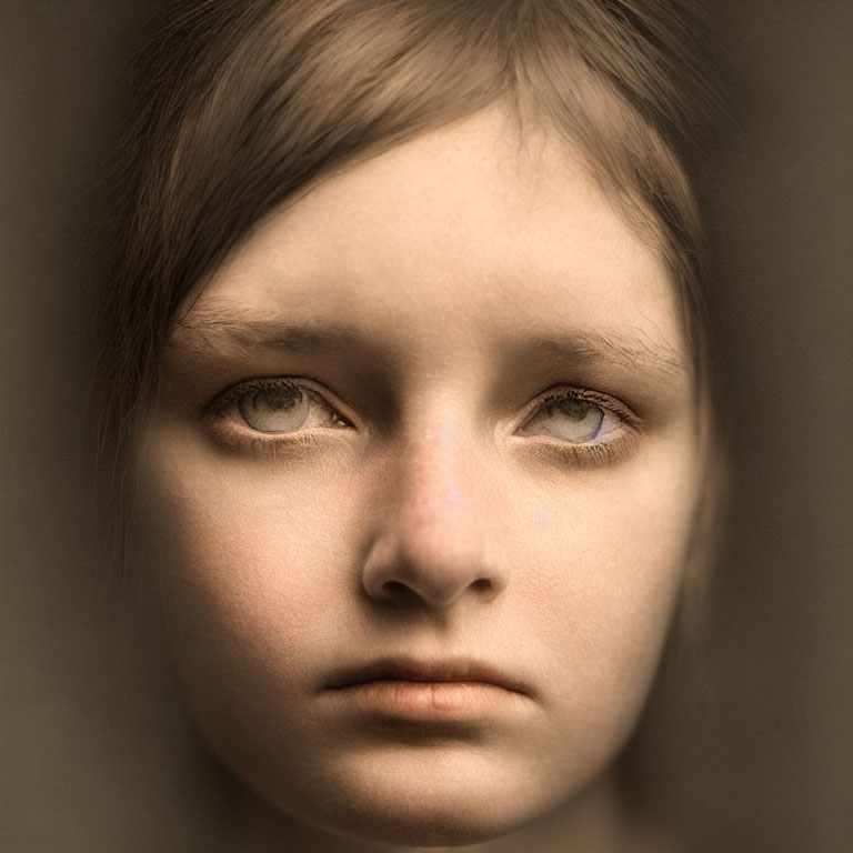 Child's close-up portrait with solemn expression and large eyes on neutral backdrop