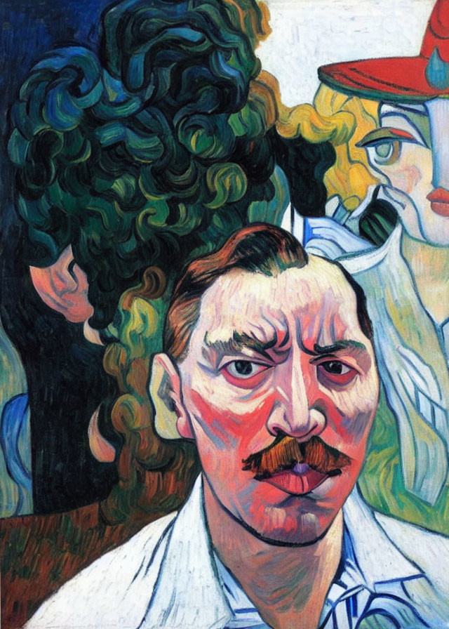 Colorful Cubist-Inspired Portrait with Mustached Man and Abstract Figures