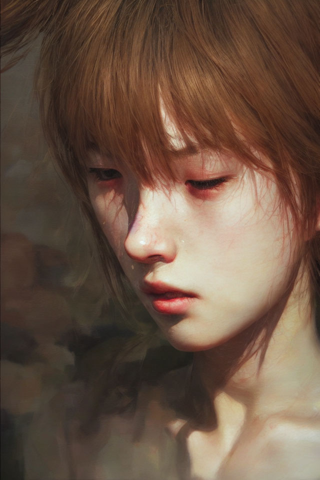 Close-up Digital Painting of Young Person with Light Brown Fringed Hair and Contemplative Expression