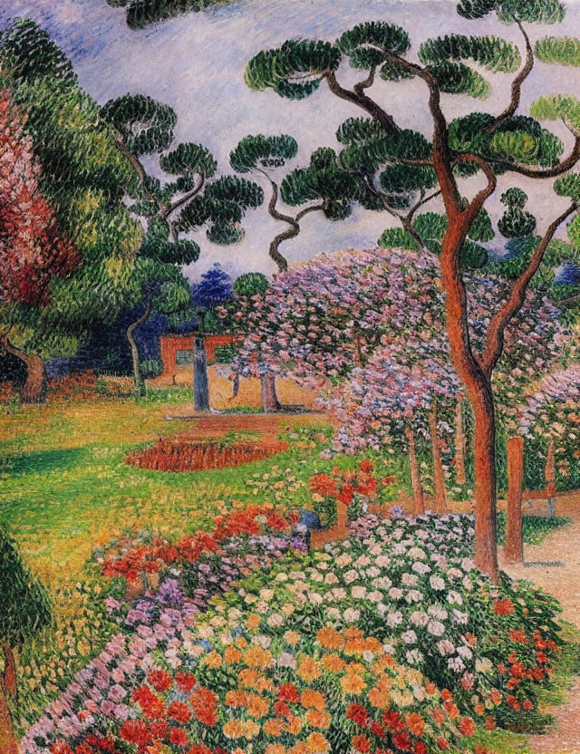 Colorful impressionist painting of lush garden with blooming flowers and pathway.