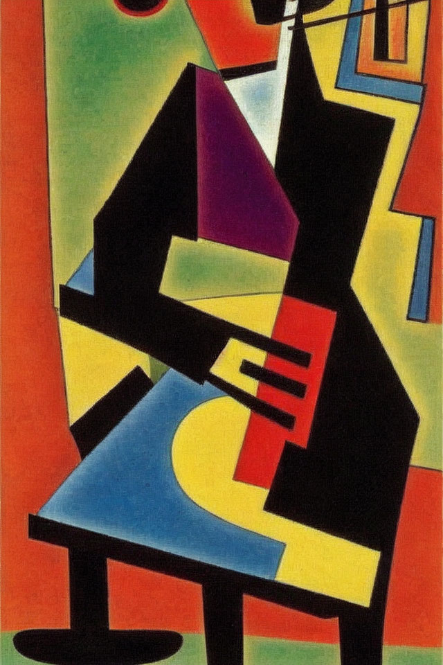 Cubist-style Abstract Painting with Seated Figure and Guitar