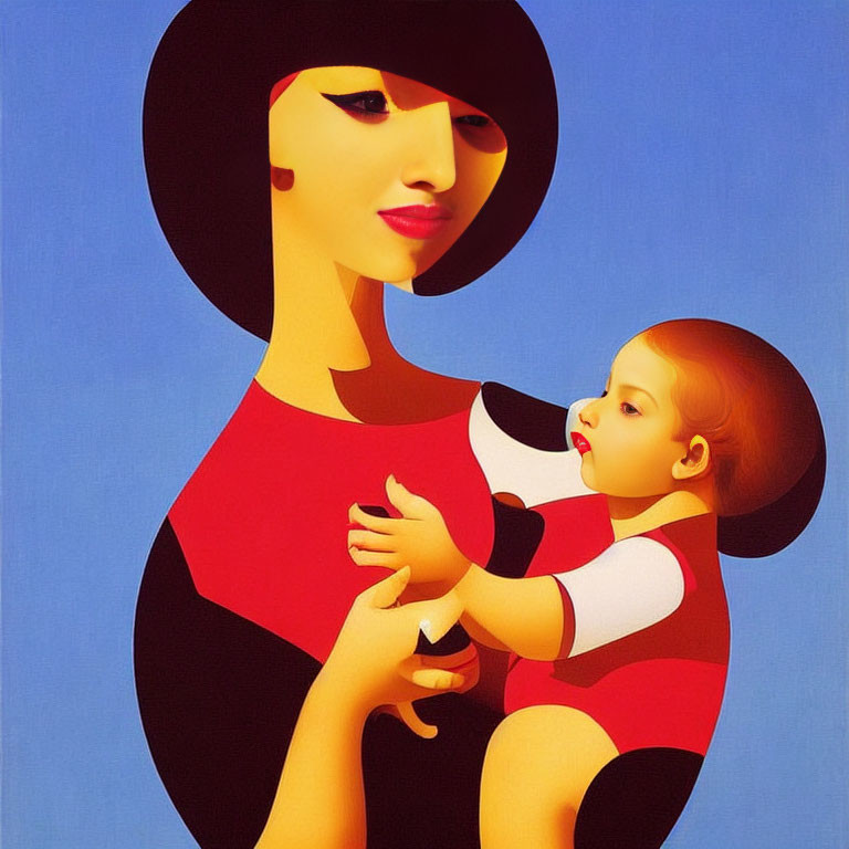 Stylized illustration of woman with baby in matching outfits on blue background