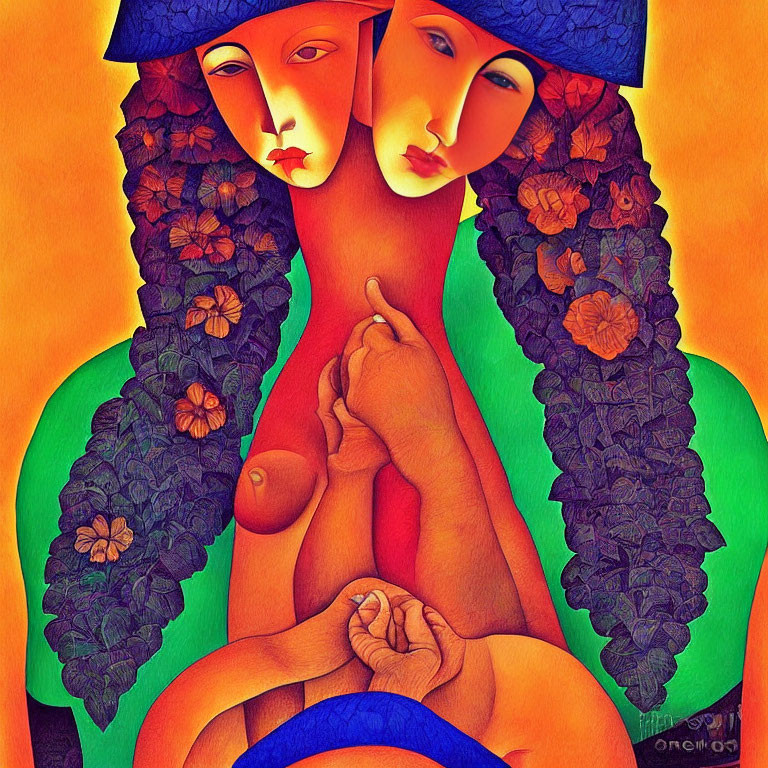 Colorful Painting of Two Stylized Figures with Elongated Faces and Floral Hair