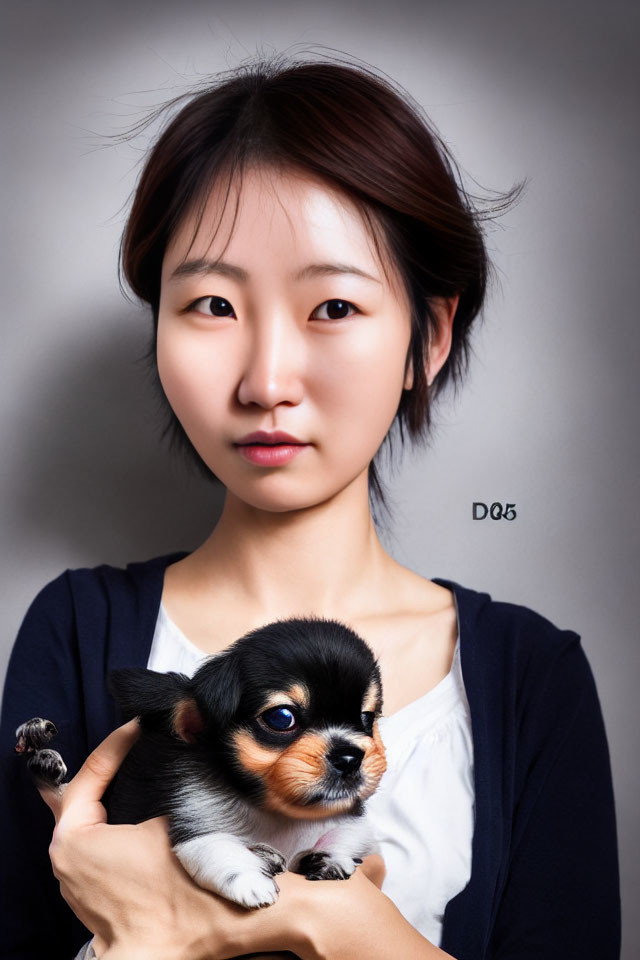 Short-haired woman holding black and tan puppy on grey background