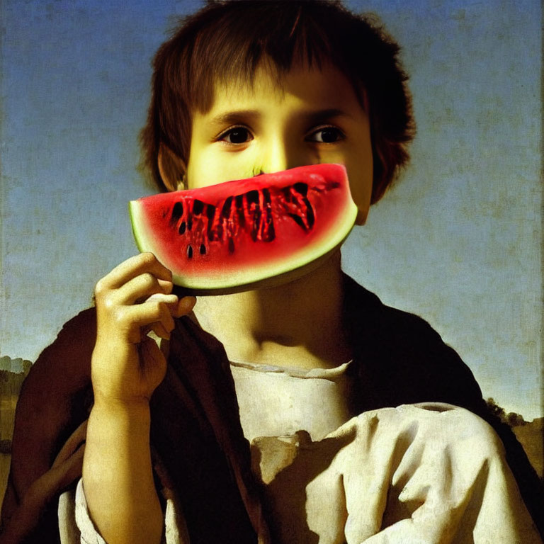 Child eating watermelon against Renaissance landscape background